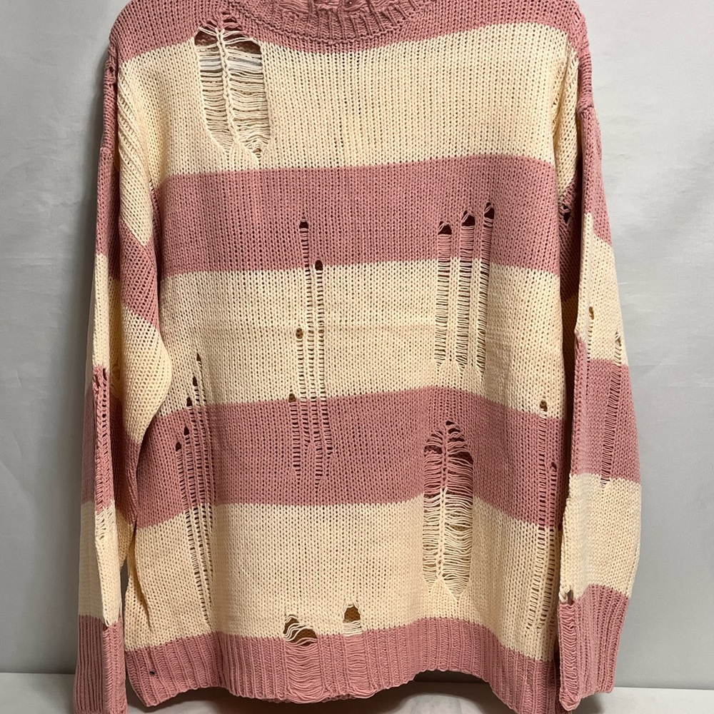NWT Papermoon Pink/Ivory Distressed Knit Crew Sweater Oversized Sz Small